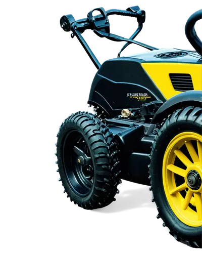 Lawn mower, green grass, sunny day, realistic, loud engine roar, spinning blades, yellow handlebar, black wheels, shiny metal body, morning atmosphere, natural lighting, close-up shot, shallow depth o