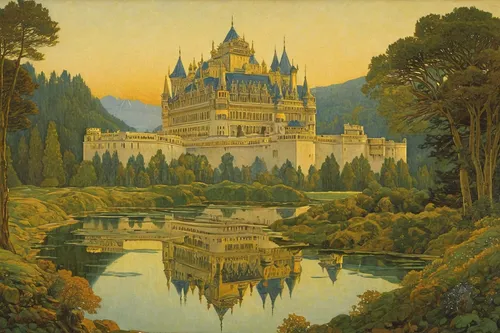 gold castle,fairy tale castle,water castle,fairytale castle,neuschwanstein,disney castle,neuschwanstein castle,sleeping beauty castle,knight's castle,castle of the corvin,dragon palace hotel,castel,castles,castle,the golden pavilion,forbidden palace,iulia hasdeu castle,camelot,moated castle,golden pavilion,Illustration,Retro,Retro 01