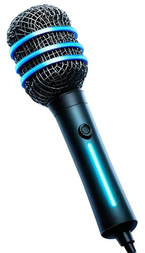 Dynamic announcer, futuristic microphone, sleek metal body, glowing blue LED lights, rounded edges, high-tech details, metallic sheen, shallow depth of field, dramatic lighting, 3/4 composition, close