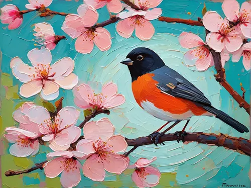 bird painting,spring bird,blue birds and blossom,bull finch,eurasian bullfinch,flower and bird illustration,humming birds,robins in a winter garden,robin redbreast,bullfinch,pink robin,tanager,songbirds,bird robin,finch,flower painting,bird flower,song bird,scarlet honeyeater,spring blossom,Conceptual Art,Oil color,Oil Color 25