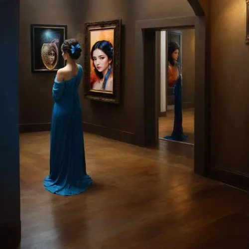 art gallery,magic mirror,gallery,doll looking in mirror,a museum exhibit,the mirror,blue room,hallway,in the mirror,paintings,great gallery,mirrors,girl in a long dress from the back,mirror frame,dros