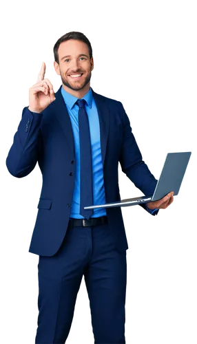 Conclusion image, business theme, laptop, modern office, male presenter, 30s, confident smile, blue shirt, black suit, hands gesturing, PowerPoint screen, bright lighting, low angle shot, cinematic co