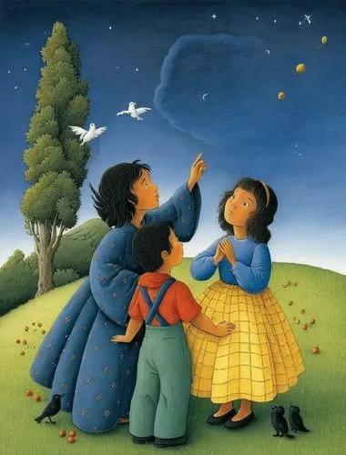 a painting showing three girls on a green hillside looking at stars,kisling,khokhloma painting,girl picking apples,guatemalans,ecuadorans,mother with children,botero,salvadorans,serenata,the mother an