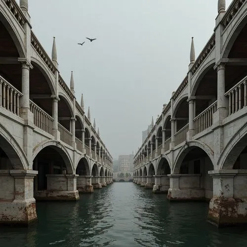 Elegant bridge structures, symmetrical compositions, ornate railings, classical arches, grandiose columns, carved stone decorations, refined ironwork, subtle curves, muted color palette, weathered sto