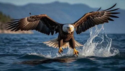 An eagle soaring up from the water, gripping a fish in its talons. Suddenly, a shark emerges from the water with its mouth  open, to eat the eagle. This dramatic scene illustrates that no one is invin