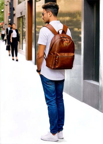 MCM, luxury brand, golden logo, brown leather backpack, high-quality metal zipper, adjustable straps, padded back panel, urban style, male model, 20s, casual wear, jeans, white shirt, sneakers, walkin