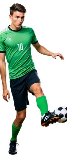 Male soccer player, athletic build, sweaty skin, messy short hair, determined facial expression, wearing soccer jersey, shorts, shin guards, cleats, holding soccer ball, kicking action, dynamic pose, 