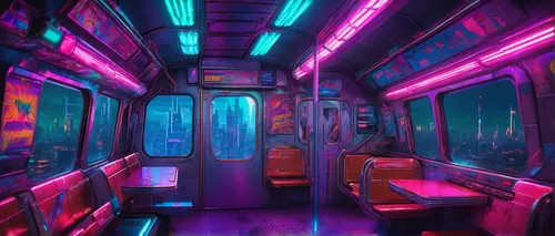 ufo interior,ghost train,the bus space,neon ghosts,colored lights,neon lights,bus,neon,city bus,80s,neon light,transit,train seats,empty interior,80's design,metro,cyberpunk,neon colors,colorful light,street car,Conceptual Art,Sci-Fi,Sci-Fi 27