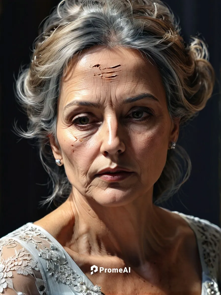 50-year-old woman, medium eyes, prominent bad scars on cheek, art fusion, digital rendering, detailed, ultra hd, realistic, highly detailed, UHD drawing, perfect composition, beautifully detailed, ela