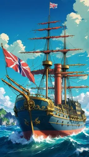 A military vessel from the 1890s with a resemblance to the English on the high seas.,a large ship in the ocean with flag masts,britannia,trafalgar,aquitania,brittania,hispaniola,britanniae,bismarck,ya