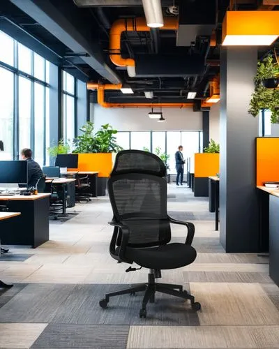 A highly detailed photograph of a modern open-space office with industrial design elements. In the foreground, an empty space of about 5 square meters. The office features exposed black ceilings with 