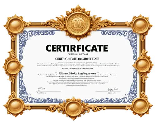 Certificate, official document, golden seal, intricate design, ornate frame, white background, bold font, formal layout, horizontal composition, soft lighting, high-contrast, detailed texture, realist