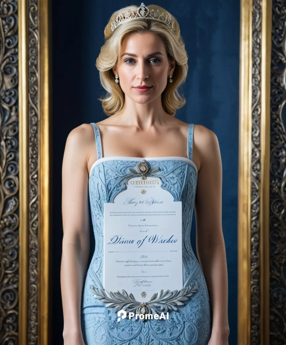 In artistic typography: Appointment-Certificate for Diana of Wales as Mistress-in-Waiting to the King.,a woman in a blue dress holding up a wedding certificate,zakharova,blue jasmine,zakharov,scherfig