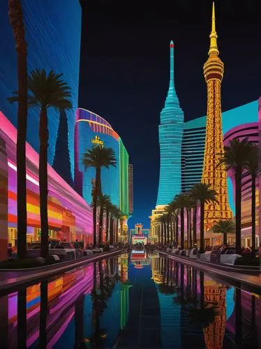 Las Vegas, modern futuristic architecture, Lego style, colorful neon lights, skyscraper, casino building, giant LED screen, intricate details, symmetrical composition, low-angle shot, dramatic lightin