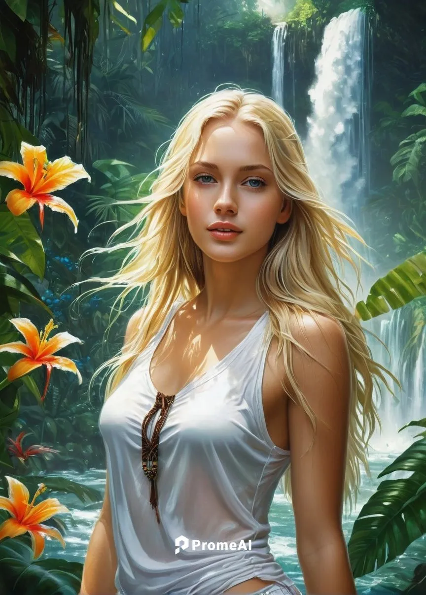 tropical island, waterfall in the jungle, swimming in a waterfall, young beautiful girl, beautiful expressive eyes, beautiful long blonde hair, happy, white top, white short skirt, jungle, tropical vi