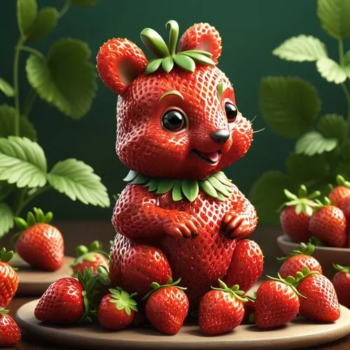 (sculpture of a cute strawberry squirrel  entirely made of fresh strawberries :1.5). The background shows a table setting with lots of Strawberries. The overall atmosphere of the picture is a fun and 