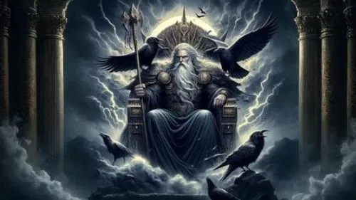 a painting of an ancient man sitting on a throne surrounded by crows,lord shiva,god shiva,mahadeva,mahashivratri,trishula,bhishma