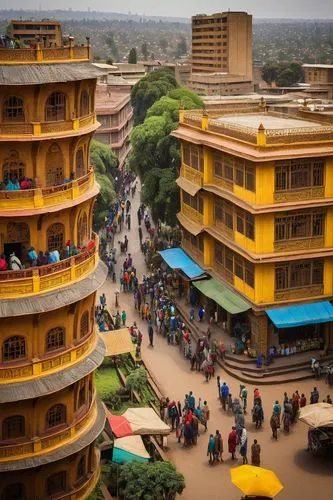 Grand, modern bigar architecture, intricate stone carvings, Addis Ababa cityscape, Ethiopia, African cultural influences, bustling street scene, vibrant local markets, people in traditional clothing, 