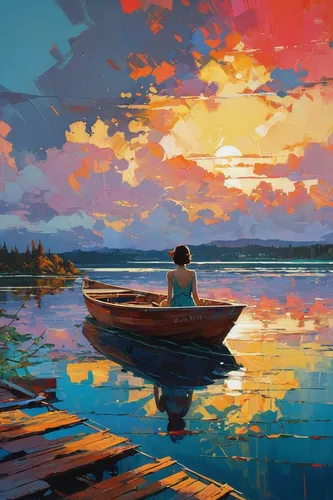 by Derek Gores By Ilya Kuvshinov By Rebecca Leveille-Guay side view, from afar girl sitting in a boat, lake, sky, ominous, dynamic, intricate background, backlight cute, fishin the clouds, complex bac