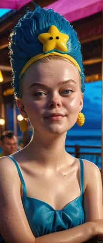 whimsical photorealistic final render of  pretty young chubby elle fanning as extremly chubby Marge Simpson, realistic Face, wet babydoll contest, background tropical hotel bar on beach restaurant, tr