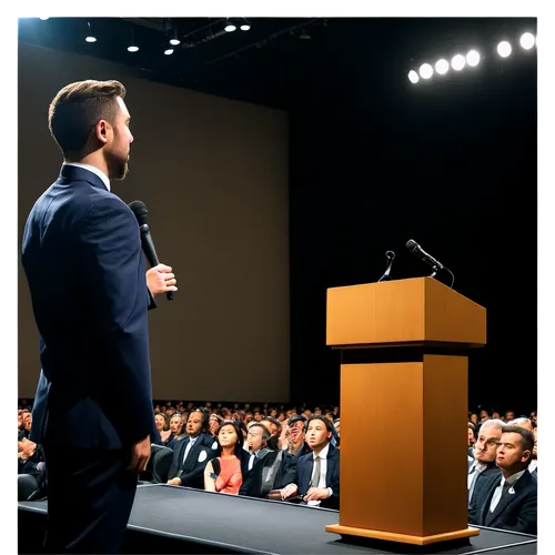 Conference scene, auditorium, podium, microphone, speaker, business attire, suit and tie, projection screen, audience seats, lectern, spotlights, shallow depth of field, softbox lighting, 3/4 composit