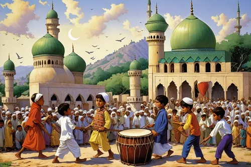 Muslim children in the village beat the drum against the backdrop of a view of the mosque in the village with an Eid celebration atmosphere,orientalism,mosques,eid-al-adha,islamic lamps,dervishes,gran