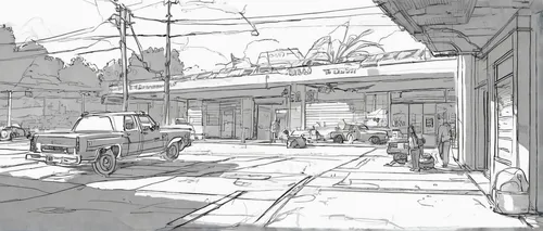 store fronts,alleyway,mono-line line art,junkyard,mono line art,concept art,railroad station,salvage yard,backgrounds,watercolor shops,suburb,ship yard,junk yard,alley,radiator springs racers,street scene,gas-station,studies,old linden alley,slums,Illustration,Black and White,Black and White 08