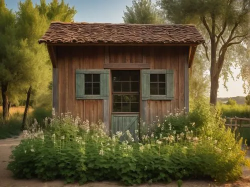 Rustic countryside, wooden board and batten exterior, shed roof with moderate pitch, clerestory windows, abundant natural light, modern rural architecture, cozy interior atmosphere, exposed beams, ear