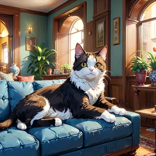 The cat is lying on the couch,a very cute looking cat on a blue couch,cat's cafe,maometto,elegante,calico cat,korin,debonair,Anime,Anime,General