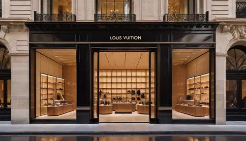 Design a sleek and modern Louis Vuitton store in a bustling city center.,paris shops,gold shop,gold bar shop,vitrine,storefront,olfaction,ovitt store,store front,jewelry（architecture）,shoe store,displ