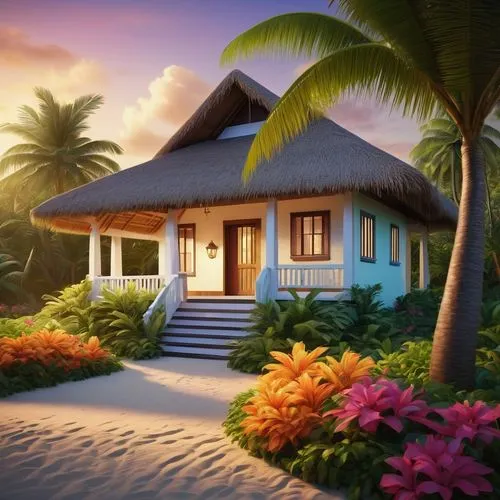 tropical house,holiday villa,bungalows,summer cottage,beach hut,home landscape,beach house,traditional house,beautiful home,dreamhouse,tropical beach,tropical island,cottage,hideaways,houses clipart,wooden house,beachfront,beach resort,holiday home,summer house,Art,Artistic Painting,Artistic Painting 26