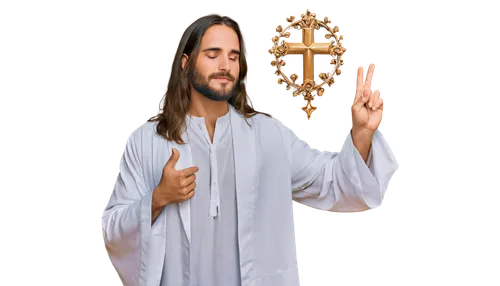 Jesus Christ, holy, white robes, long hair, beard, gentle smile, compassionate eyes, sacred aura, golden halo, ornate cross, prayer hands, peaceful atmosphere, soft lighting, 3/4 composition, shallow 