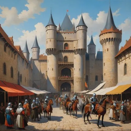 medieval market,bach knights castle,medieval,castle iron market,knight tent,middle ages,medieval castle,medieval architecture,the middle ages,royal castle of amboise,medieval street,castleguard,medieval town,hotel de cluny,knight village,knight's castle,puy du fou,camelot,caravansary,templar castle,Illustration,Realistic Fantasy,Realistic Fantasy 24