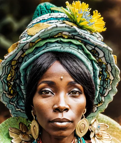 beautyfull african woman, green an blue hat with flower, big gold earrings, realistic photography,african woman,nigeria woman,cameroon,benin,people of uganda,anmatjere women,african culture,rwanda,afr