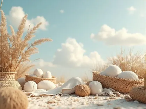 Soft sky blue, creamy whites, warm beige, rustic wood tones, natural textiles, woven baskets, earthy terracotta, gentle cloud formations, serene sunny day, shallow depth of field, 1/2 composition, war