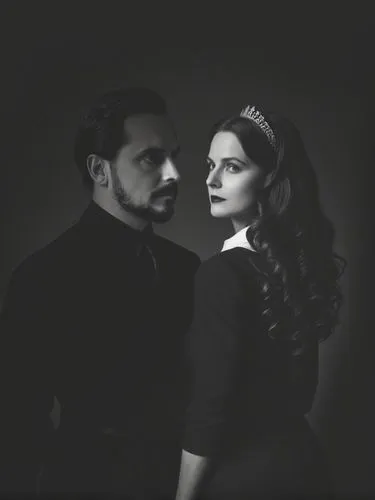 Official black and white photo double portrait of Their Majesties King Charles I and Queen Olga of Württemberg.,a couple posing for the camera in black and white,pyaasa,guzaarish,rhye,bergersen,ahlam,