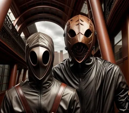 criatura esguia vestindo uma roupa plastica tem a cabeça coberta por uma mascara de couro,a couple of people in masks standing next to each other,nothingface,bangalter,slipknot,salvagers,vigilantes,me