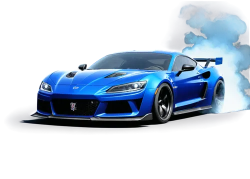 Low-angle shot, sleek sports car, metallic blue body, glossy finish, angular headlights, aggressive bumper design, 20-inch alloy wheels, low-profile tires, racing stripes, dynamic pose, smoke effect, 