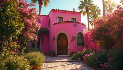 Fuchsia-colored regionalism-style house, solo, vibrant fuchsia walls, ornate wooden doors, curved roof, Mediterranean-inspired architecture, surrounded by lush greenery, flower-filled garden, blooming