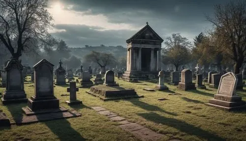 A dark and spooky cemetery, ancient tombs where countless ghosts are buried. The tombstones are engraved with traces of old dust and time, revealing a mysterious and terrifying atmosphere.,old graveya