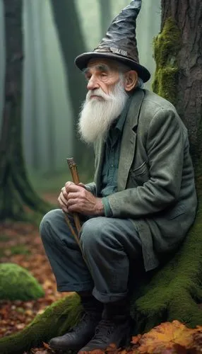 Old grandpa troll, white beard, wrinkles, bushy eyebrows, worn-out hat, wooden cane, sitting on a mushroom, forest environment, autumn leaves, misty atmosphere, soft warm lighting, facial close-up, 3/