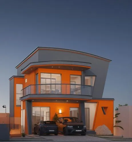 A modern villa, with gray and orange paint schemd,this is a rendered rendering of an orange modern home,cubic house,cube house,dunes house,modern house,garrison,modern architecture,Photography,General