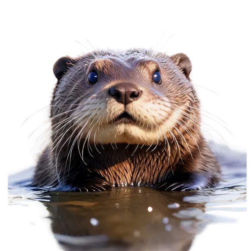 Otter, cute face, whiskers, shiny fur, brown eyes, swimming pose, water droplets on fur, playful expression, riverbank setting, morning sunlight, shallow depth of field, warm color tone, soft focus.,n