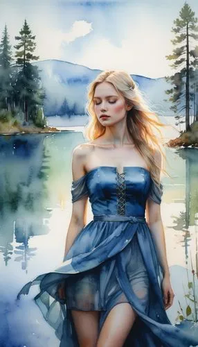 the blonde in the river,celtic woman,eilonwy,watercolor background,fantasy picture,girl on the river,Illustration,Paper based,Paper Based 11