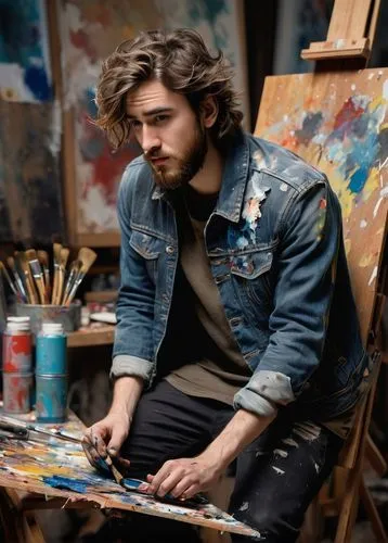 italian painter,artist portrait,painting technique,artist,artist color,meticulous painting,vincent van gough,painter,in a studio,work of art,art dealer,craftsman,painting,studio photo,art model,denim jacket,jean jacket,blue painting,art painting,artistic,Illustration,Black and White,Black and White 08