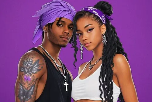 A young black man (gangster character) posing with a young black woman (gangster character). The young man has Justin Bieber-style gray dreadlocks; he is wearing a black sleeveless shirt; he is wearin