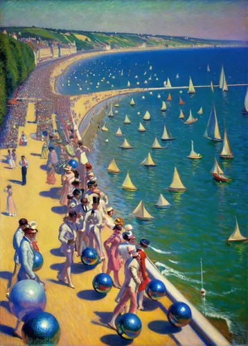 regatta,promenade,people on beach,pétanque,boulevard,beach landscape,summer beach umbrellas,breton,basset artésien normand,beach goers,martha's vineyard,seaside,sailing boats,the touquet,small boats on sea,normandy,seaside resort,lido di ostia,marthas vineyard,clécy normandy,Illustration,Realistic Fantasy,Realistic Fantasy 38