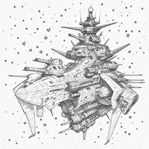 pencil drawing 

battleship    

 style  Julius Leblanc Stewart,star trek ship on a white background with lots of stars in the sky,fast space cruiser,battlefleet,battlecruisers,battlecruiser,space shi