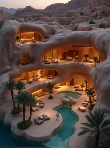 imagine a highly detailed, intriguing visualization of underground luxury resort covered with tranlucent shades , carved into the rocky cliffs of a al ula desert saudia arabia  texture ,  Highlight th