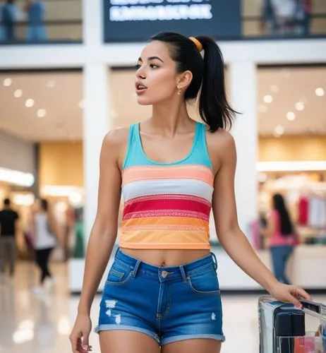 The beautiful Moroccan girl with the black hair in a ponytail is shopping in the mall.  She wears a colorful tank top and short jeans.  On her feet are white sneakers.  And she blows a kiss.,there is 